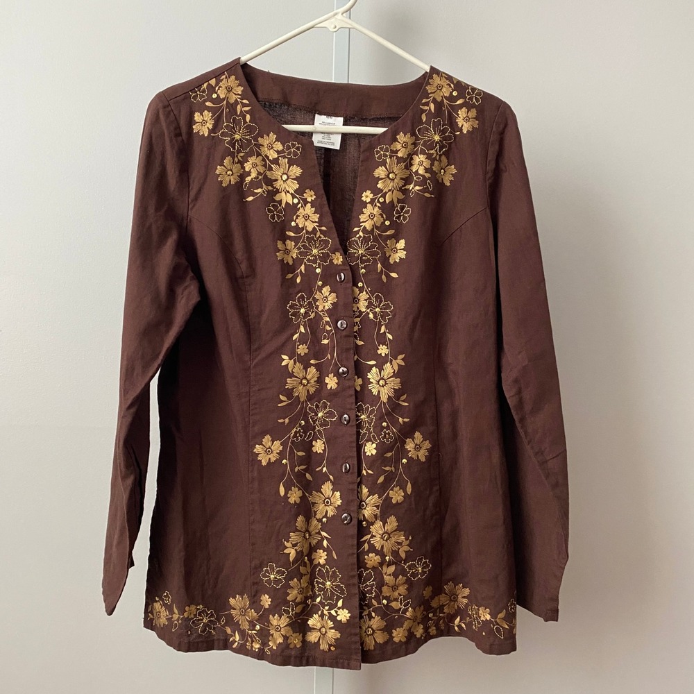 Lagenlook Linen Boho Cottagecore Embroidered Button Up Shirt Medium Brown